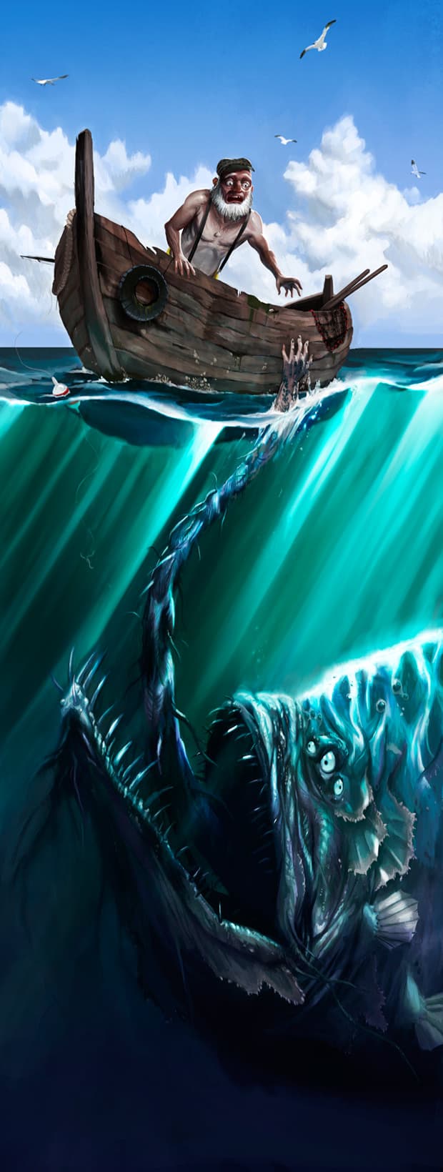 old man in boat trys to safe a drowning person which turns out to be an anglerfish