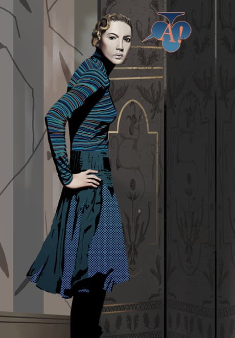 painting of a blonde girl with patterned clothing