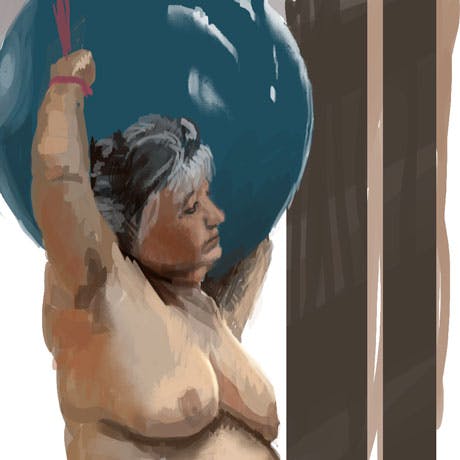 nude old woman holding a ball
