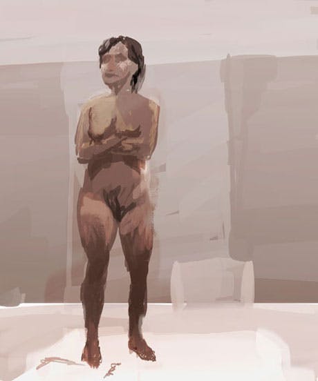 nude girl standing with crossed arms