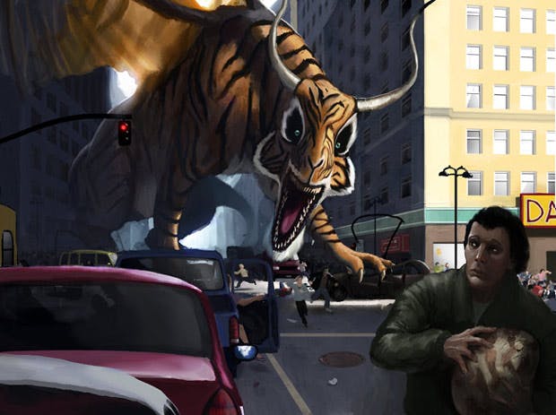 Tiger-Dragon wrecking havoc in the streets because somebody has stolen his egg