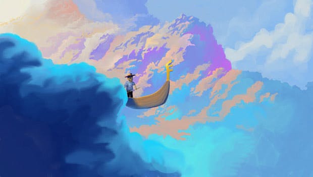 sceleton in a gondola floating through colorful clouds