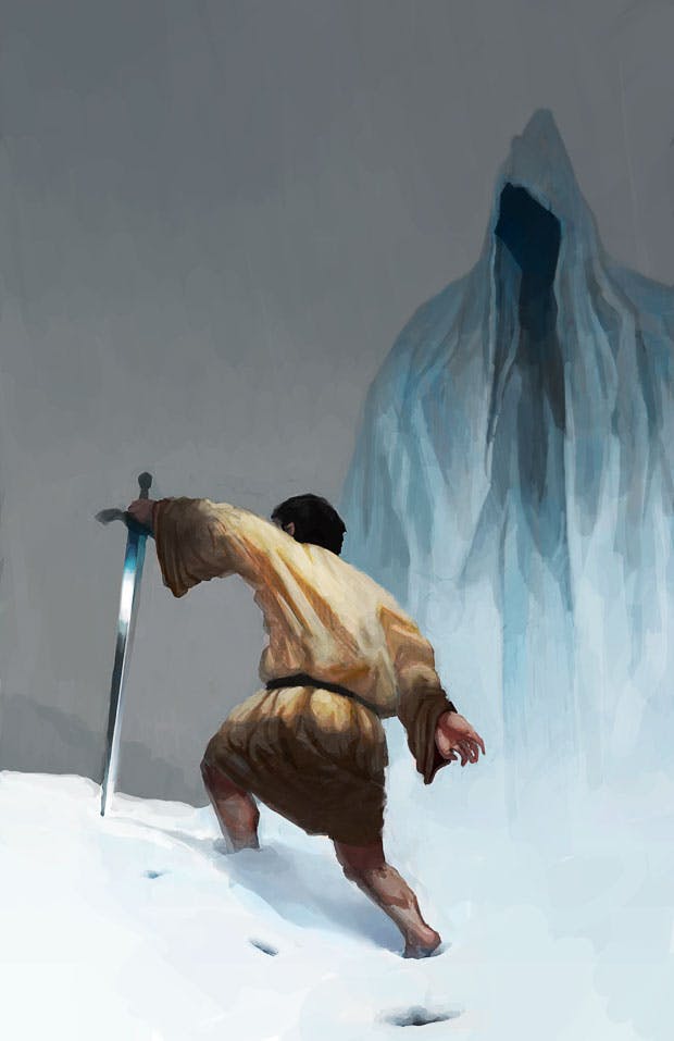 Man in linen tunic with a sword is cursed by a wraith in the snow