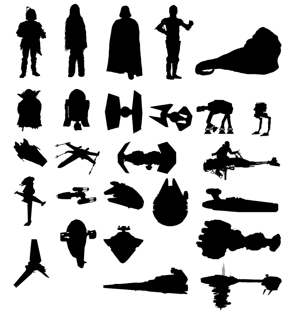 Boba Fett, Chewbacca, Darth Vader, C3-P0, Jabba the Hut, Yoda, R2-D2, TIE-Fighter, TIE-Interceptor, AT-AT, AT-ST, A-Wing, X-Wing, TIE-Bomber, Speederbike, B-Wing, Y-Wing, Millenium Falcon, Landspeeder, Lambda Shuttle, Slave 1, Star Destroyer, Blockade Runner, Nebulon B Frigate